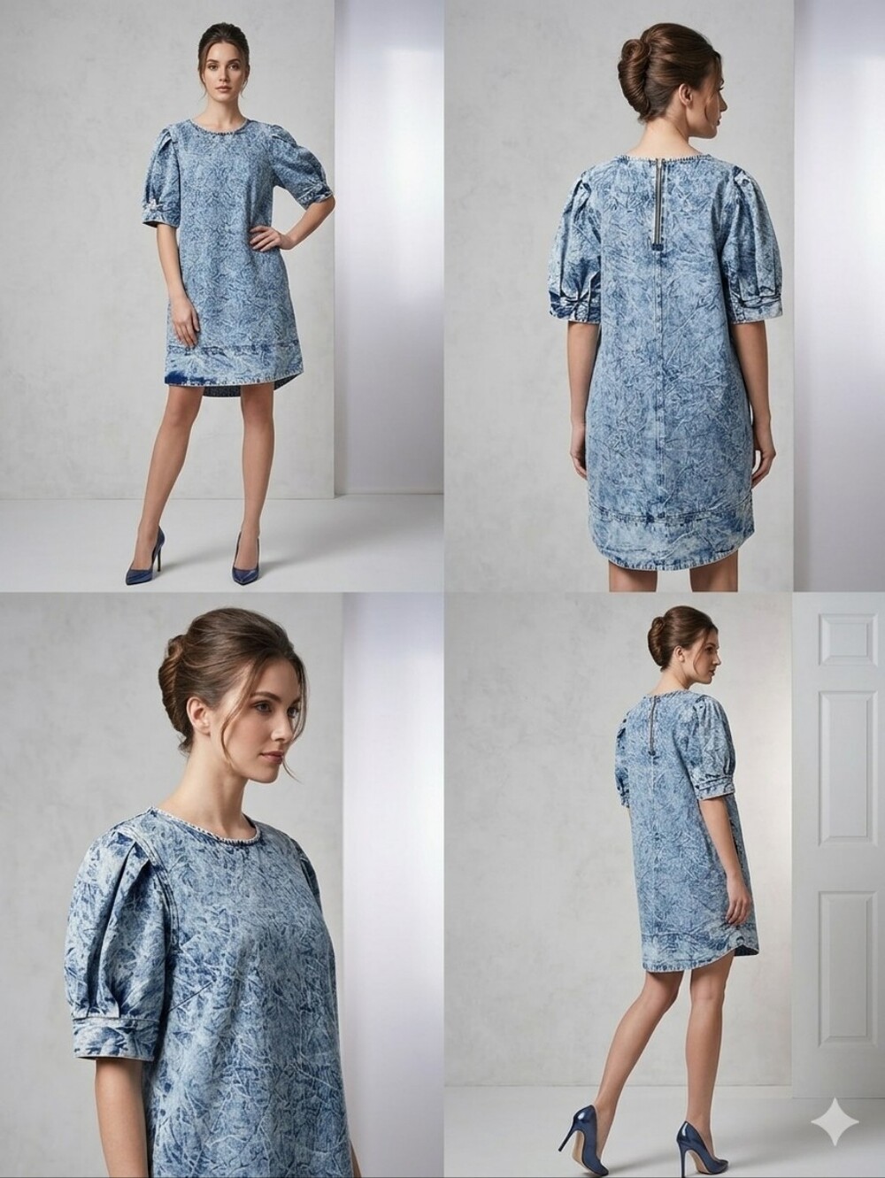 Light Blue Textured‎ Puff-Sleeve Shift Denim Dress